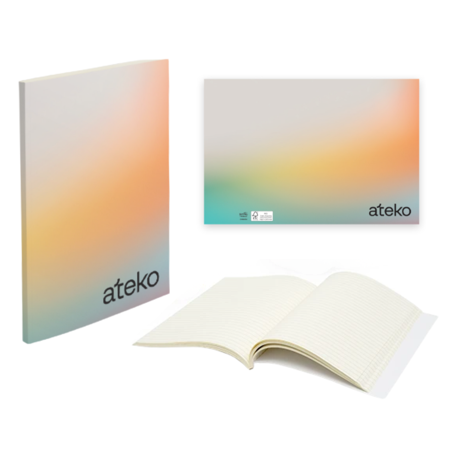 Ateko notebook with gradient cover and open notebook showing cream pages.