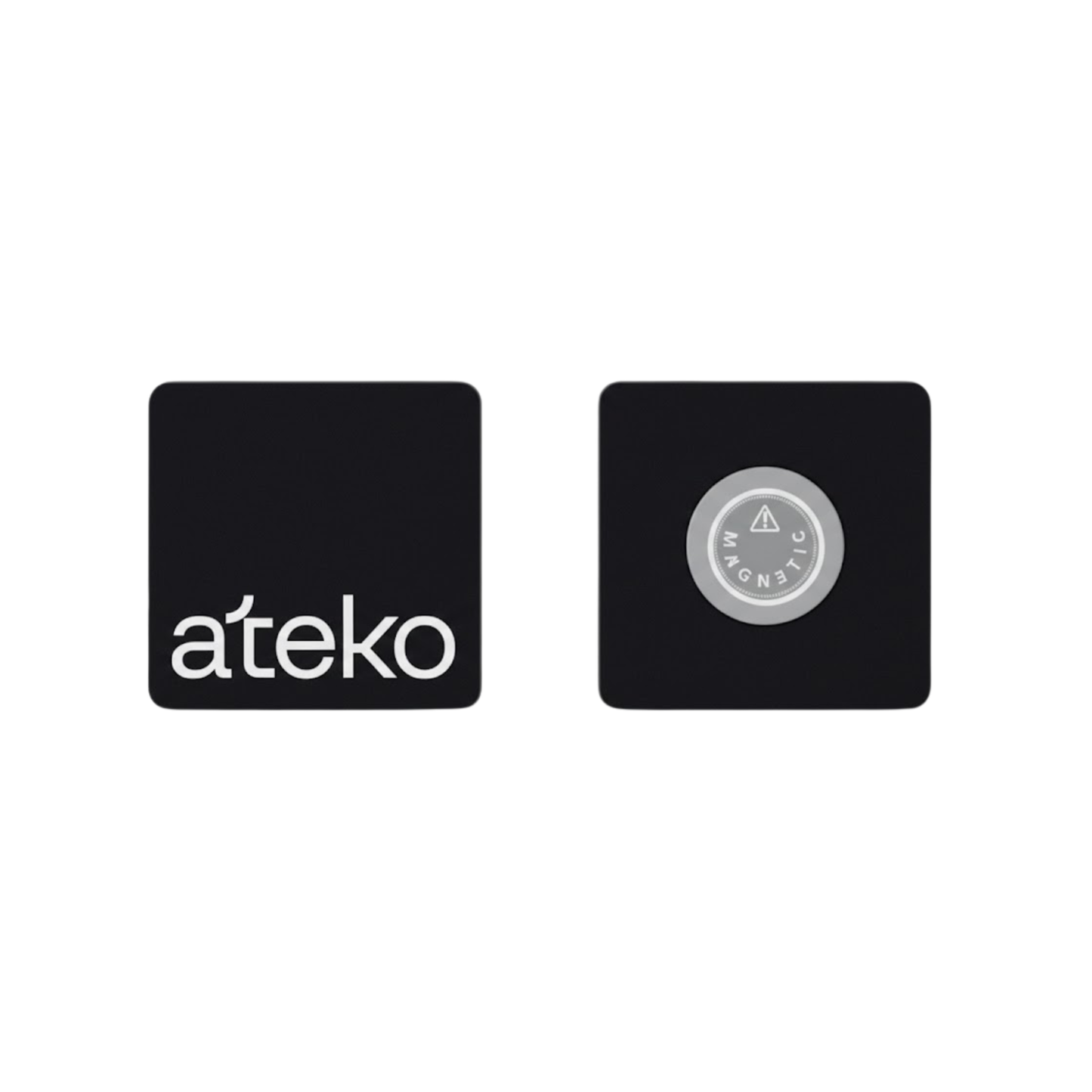 Two black square coasters with 'ateko' and 'Electronic' logos on a white background