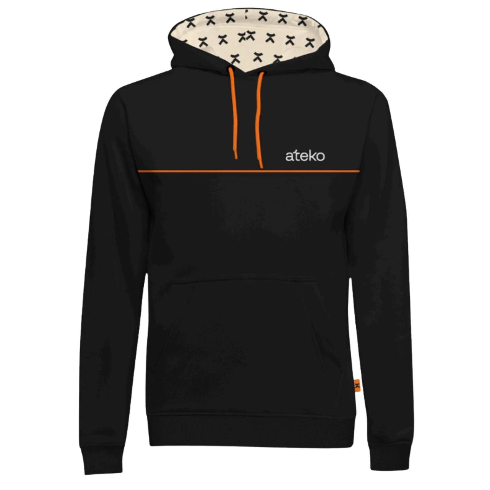 Black hoodie with orange accents and 'ateko' branding on a white background