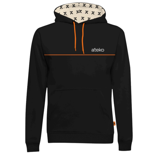 Black hoodie with orange accents and 'ateko' branding on a white background