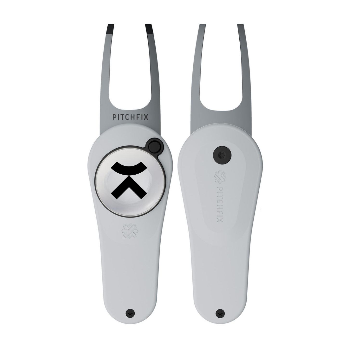 Two gray divot tools with a black logo on a white background
