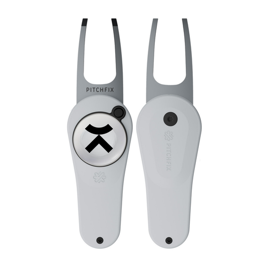 Two gray divot tools with a black logo on a white background