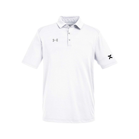White polo shirt with Under Armour logo on a white background