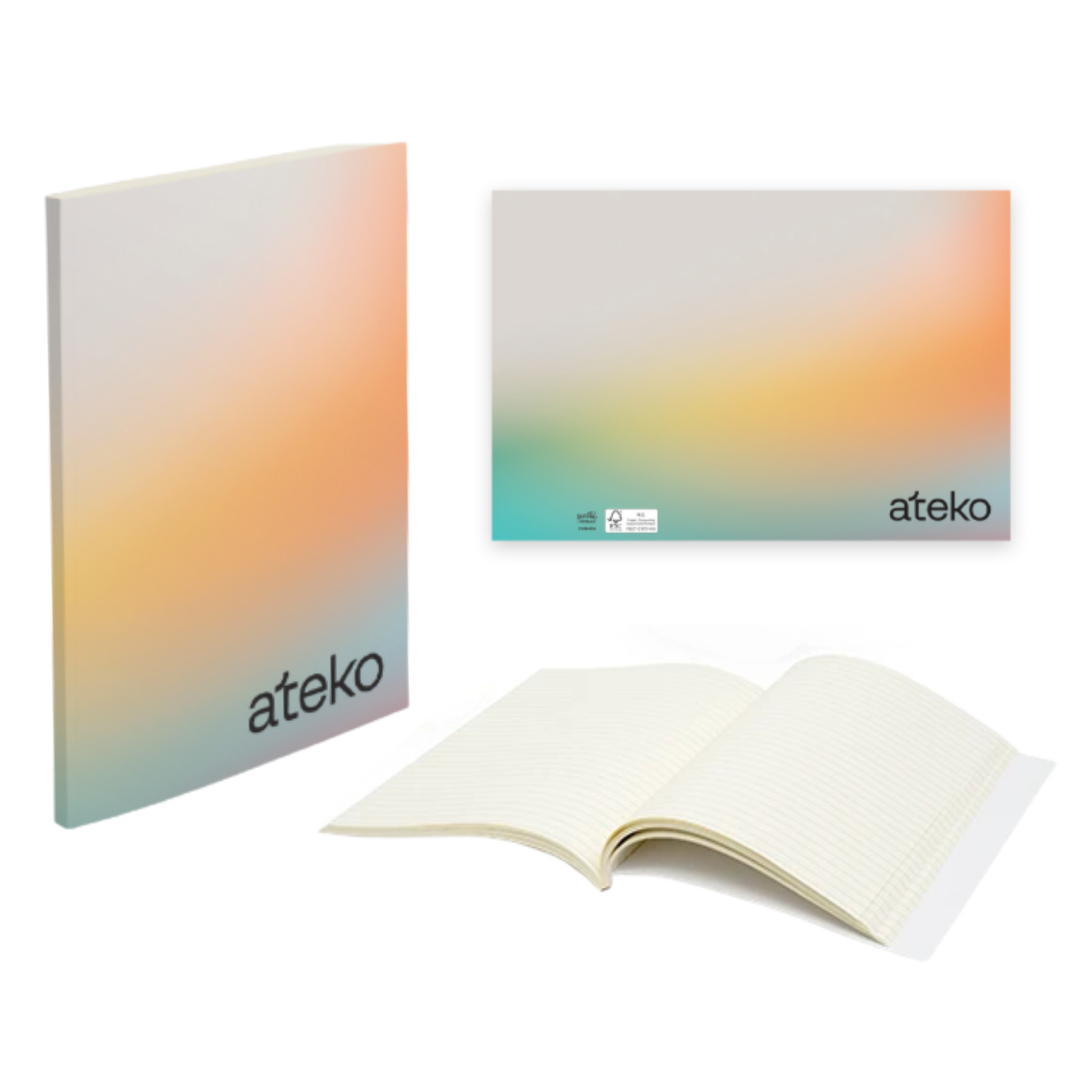 Ateko notebook with gradient cover and open notebook showing cream pages.