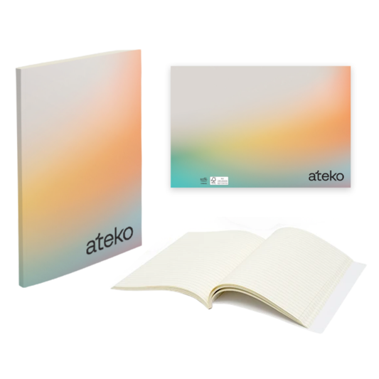 Ateko notebook with gradient cover and open notebook showing cream pages.