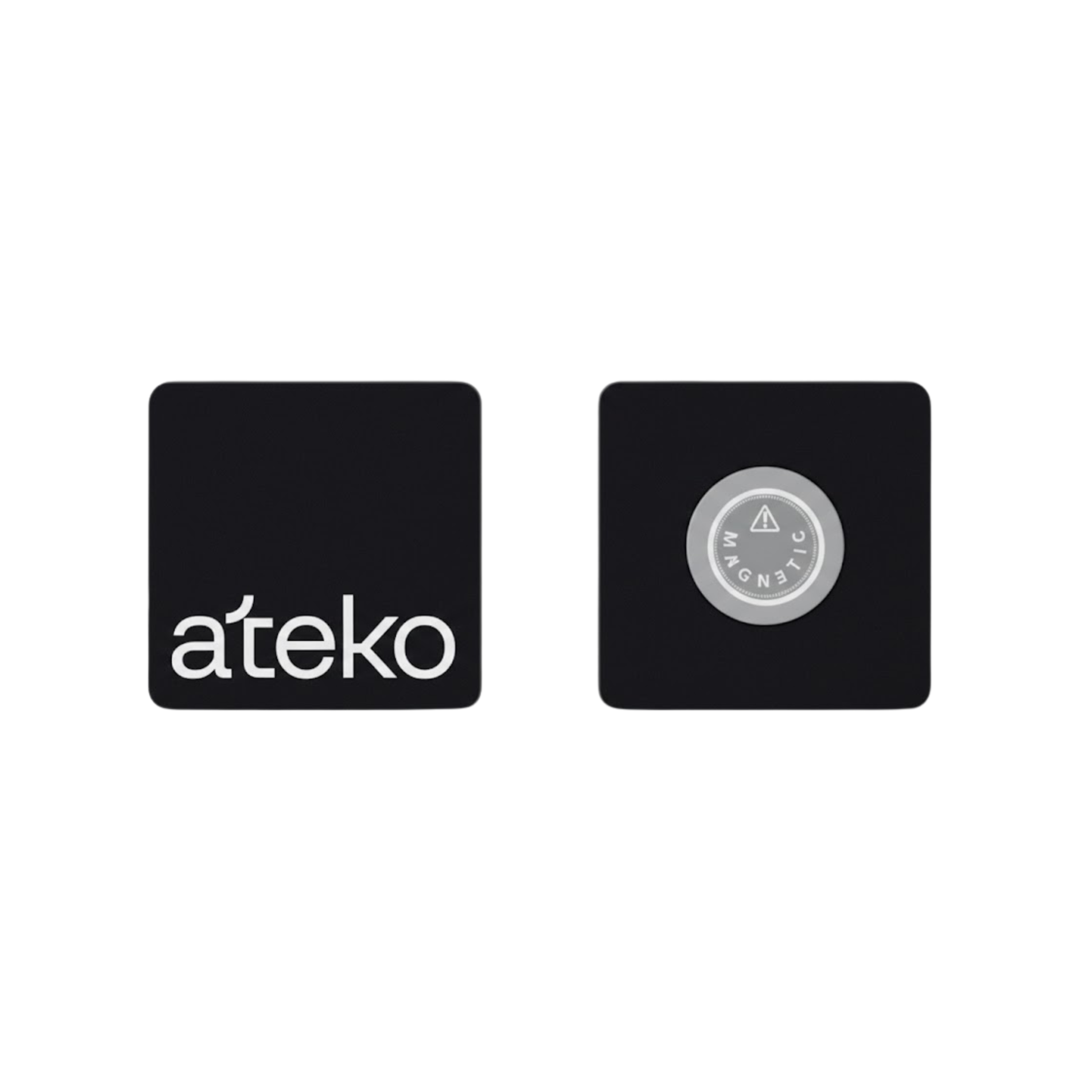 Two black square coasters with 'ateko' and 'Electronic' logos on a white background